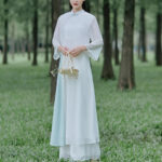 Buddha Stones Three Quarter Sleeve Chiffon Cheongsam Midi Dress Wide Leg Pants Meditation Zen Practice Clothing Women's Meditation Cloth BS 2