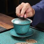 Buddha Stones Traditional Pine Tree Green Ceramic Gaiwan Sancai Teacup Kung Fu Tea Cup And Saucer With Lid Cup BS 2