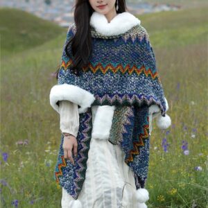 Buddha Stones Tibetan Multicolored Wavy Lines Knitted Striped Shawl Coat Winter Cozy Travel Scarf Wrap Tibetan Shawl BS Navy Blue 150*106cm