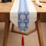 Buddha Stones Classic Chinese Style Lotus Koi Fish Flower Crane Calligraphy Enlightenment Cotton Linen Tassels Table Runner Table Runner BS Beige Blue And White Porcelain 30*180cm