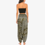 Buddha Stones Two Style Wear Elephant Pattern Loose Smocked Harem Trousers Jumpsuit Women's Yoga Pants Harem Pants&Bodysuit BS 13