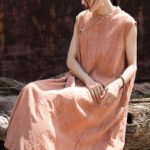 Buddha Stones Handmade Tie Dye Midi Dress Linen Sleeveless Dress 5