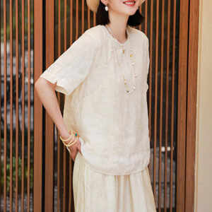 Buddha Stones Ramie Linen Loose Blouse Short Sleeve Shirt Chinese Style Top T-Shirt BS L(Bust 109cm/Shoulder 42cm/Length 64cm)(Top Only)
