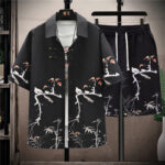 Buddha Stones Landscape Coconut Trees Magpie Pattern Short Sleeve Shorts Men's Set Men's Meditation Cloth BS Black Magpie(Shirt&Shorts) 4XL(Bust 128cm/Waist 120cm/Hips 127cm)