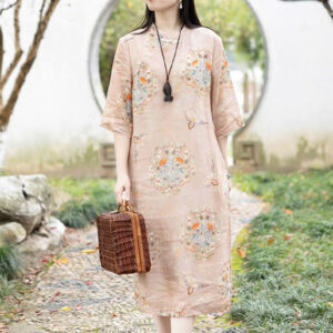 Buddha Stones Orange Flower Bird Print Cheongsam Midi Dress Cotton Linen Half Sleeve Dress With Pockets Cheongsam Dresses BS 2XL(Bust 112cm/Shoulder 42cm/Length 114cm)