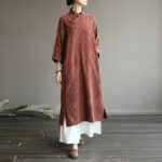 Buddha Stones Flower Jacquard Midi Dress Long Sleeve Cotton Linen Dress Wide Leg Pants With Pockets 40