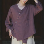 Buddha Stones Solid Color Ramie Linen Loose Blouse Long Sleeve Shirt Chinese Hanfu Top Long Sleeve Shirt BS 17