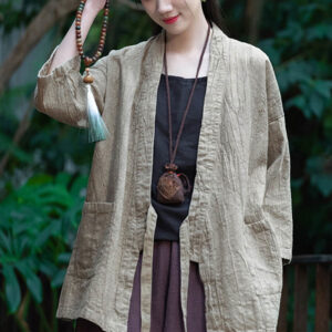 Buddha Stones Hanfu Design Three Quarter Sleeve Ramie Linen Coat Open Front Top Jacket Coat BS Beige(Bust 125cm)(Coat Only)