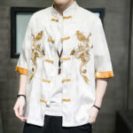 Buddha Stones Frog-Button Chinese Dragon Embroidery Half Sleeve Shirt Linen Men Clothing Men's Shirts BS 17