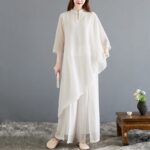 Buddha Stones 2Pcs Three Quarter Sleeve Irregular Design Shirt Wide Leg Pants Meditation Chiffon Women's Set Women's Meditation Cloth BS 3