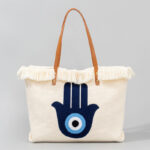 Buddha Stones Large Capacity Evil Eye Leaf Hamsa Tassel Canvas Tote Shoulder Bag Shoulder Bag BS Hamsa 50*10*35cm