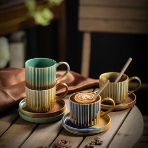 Buddha Stones Retro Striped Kiln Change Ceramic Coffee Mug Rough Pottery Tea Coffee Cup With Saucer 250ml Coffee Mug BS main