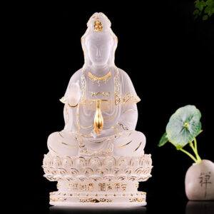 Buddha Stones Kwan Yin Avalokitesvara Handmade Figurine Liuli Crystal Art Piece Wealth Statue Home Offering Decoration Decorations BS 23cm White&Gold