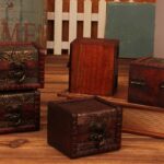 Buddha Stones Retro Small Square Wood Jewelry Box Lotus Grass Flower Grape Copper Coin Daffodil Jewelry Storage Box Jewelry Box BS 27