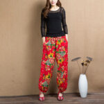 Buddha Stones Ethnic Style Red Green Flowers Print Harem Pants With Pockets Women's Harem Pants BS 7