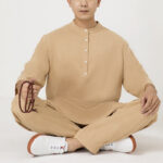 Buddha Stones 2Pcs Buttons Men's Three Quarter Sleeve Shirt Top Pants Meditation Zen Tai Chi Cotton Linen Clothing Set Men's Meditation Cloth BS Brown(Top&Pants) 2XL(Bust 120cm/Waist 76-102cm/Pants Length 103cm)