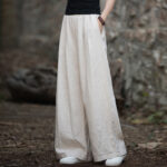 Buddha Stones Retro Wide Leg Pants Casual Women's Yoga Pants With Pockets Wide Leg Pants BS Beige(Waist 62-100cm/Hips 118cm/Length 98cm)