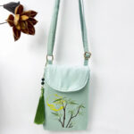 Buddha Stones Small Embroidered Flowers Crossbody Bag Shoulder Bag Double Layer Cellphone Bag Crossbody Bag BS Green Bamboo 13.5*19.5*2.5cm