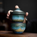Buddha Stones Ceramic Teacup Deer Mountain Trees Lovely Cat Black Tea Cup With Lid and Bag Cup BS 3