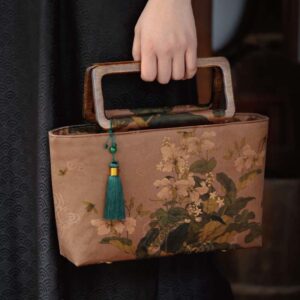 Buddha Stones Vintage Brown Flowers Green Bamboo Leaves Wood Handles Zipper Handbag Handbags BS Brown Flowers 18*27*9cm