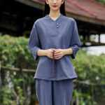 Buddha Stones 2Pcs Shirt Top Pants Meditation Zen Tai Chi Cotton Linen Clothing Women's Set Women's Meditation Cloth BS Blue(Top&Pants) 2XL(Bust 124cm/Waist 68-104cm/Pants Length 97cm)