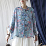 Buddha Stones Pink Flowers Green Leaves Print Frog-button Design Long Sleeve Ramie Linen Jacket Shirt Women's Shirts BS 26