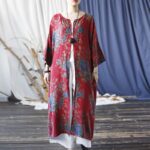 Buddha Stones Red Blue Flowers Print Cotton Three Quarter Sleeve Open Front Jacket Coat 8