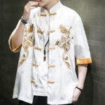 Buddha Stones Frog-Button Chinese Dragon Embroidery Half Sleeve Shirt Linen Men Clothing Men's Shirts BS 15