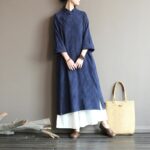 Buddha Stones Flower Jacquard Midi Dress Long Sleeve Cotton Linen Dress Wide Leg Pants With Pockets 3