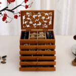 Buddha Stones Vintage Plum Blossom Carved Wooden Jewelry Box Six-Layer Jewelry Storage Box Jewelry Box BS Cherry Wood Color 30.6*20.6*24.7cm