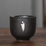 Buddha Stones Hand Painted Lotus Flower Bamboo Chrysanthemum Black Pottery Ceramic Teacup Kung Fu Tea Cup 95ml Cup BS White Black 6.3cm*5.7cm*95ml