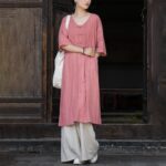 Buddha Stones Handmade Tie Dye Ramie Linen Frog-Button Midi Dress Wide Leg Pants With Pockets Midi Dress&Wide Leg Pants BS 17