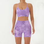 Buddha Stones 2Pcs Camo Print Backless Criss-Cross Strap Top Bra Shorts Leggings Pants Fitness Yoga Outfit Set 2-Piece Outfit BS Purple 2Pcs(Top&Shorts) L