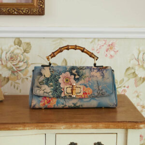Buddha Stones Flower Pattern Bamboo Handle Metal Chain Crossbody Bag Handbags Crossbody Bag&Handbags BS Blue 29*14*7cm