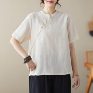 Buddha Stones Solid Color Frog-Button Short Sleeve Cotton Linen Shirt Women's Shirts BS White 2XL(Fit for US8-10; UK/AU12-14; EU40-42)