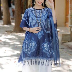 Buddha Stones Blue Butterfly Indigo Dyeing Shawl Tassels Cozy Travel Pullover 90*95cm 1