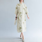 Buddha Stones Flowers Green Yellow Leaves Print Cheongsam Midi Dress Three Quarter Sleeve Dress With Pockets Cheongsam Dresses BS 5
