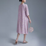 Buddha Stones Small Flower Leaf Jacquard Chinese Cheongsam Qipao Midi Dress With Pockets Cheongsam Dresses BS 8