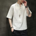 Buddha Stones Frog-Button Phoenix Embroidery Chinese Tang Suit Short Sleeve Shirt Cotton Linen Men Clothing Men's Shirts BS 4