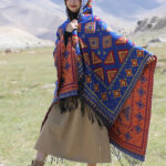 Buddha Stones Tibetan Shawl Triangle Pattern Hooded Cloak Winter Cozy Travel Scarf Wrap Tibetan Shawl BS Blue 130*150cm