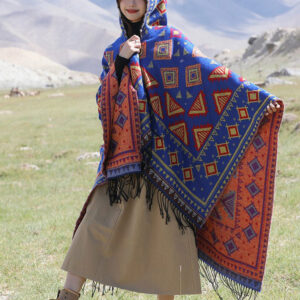 Buddha Stones Tibetan Shawl Triangle Pattern Hooded Cloak Winter Cozy Travel Scarf Wrap Tibetan Shawl BS Blue 130*150cm