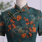 Buddha Stones Retro Flower Lotus Peony Feather Print Qipao Dress Women's Cheongsam Dress Cheongsam Dresses BS 4
