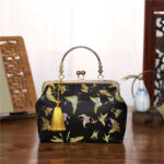 Buddha Stones Vintage Flower Butterfly Crane Sea Waves Metal Chain Crossbody Bag Shoulder Bag Handbag Handbags BS Black Butterfly 22*18*8cm