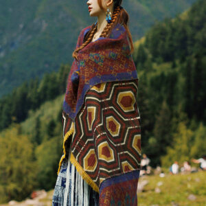 Buddha Stones Tibetan Shawl Brown Blue Red Geometric Shapes Pattern Winter Cozy Travel Scarf Wrap Tibetan Shawl BS 110*190cm