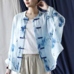 Buddha Stones Tie Dye Blue Flowers Frog-Button Design Long Sleeve Ramie Linen Jacket Shirt 22
