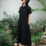 Buddha Stones Frog-Button Midi Dress Cotton Linen Short Sleeve Dress With Pockets Midi Dress BS 2