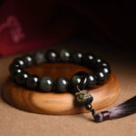 Buddha Stones Natural Black Obsidian Lion Wrist Mala Protection Tassels Pocket Mala Car Decoration Wrist Mala&Decorations BS 5