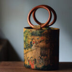 Buddha Stones Bamboo Leaf Butterfly Cherry Blossom Persimmon Wood Handle Handbag Handbags BS Garden Party 16*17*12cm