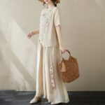 Buddha Stones 2Pcs Flower Embroidery Short Sleeve Tee T-shirt Wide Leg Pants Set 2-Piece Outfit BS 3