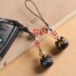 Buddha Stones Ebony Wood Lucky Cat Auspicious Cloud Peace Key Chain Phone Hanging Decoration Key Chain BS 2